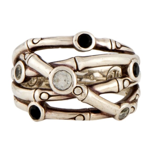 JOHN HARDY STERLING SILVER ONYX & TOPAZ BAMBOO WOVEN BAND RING